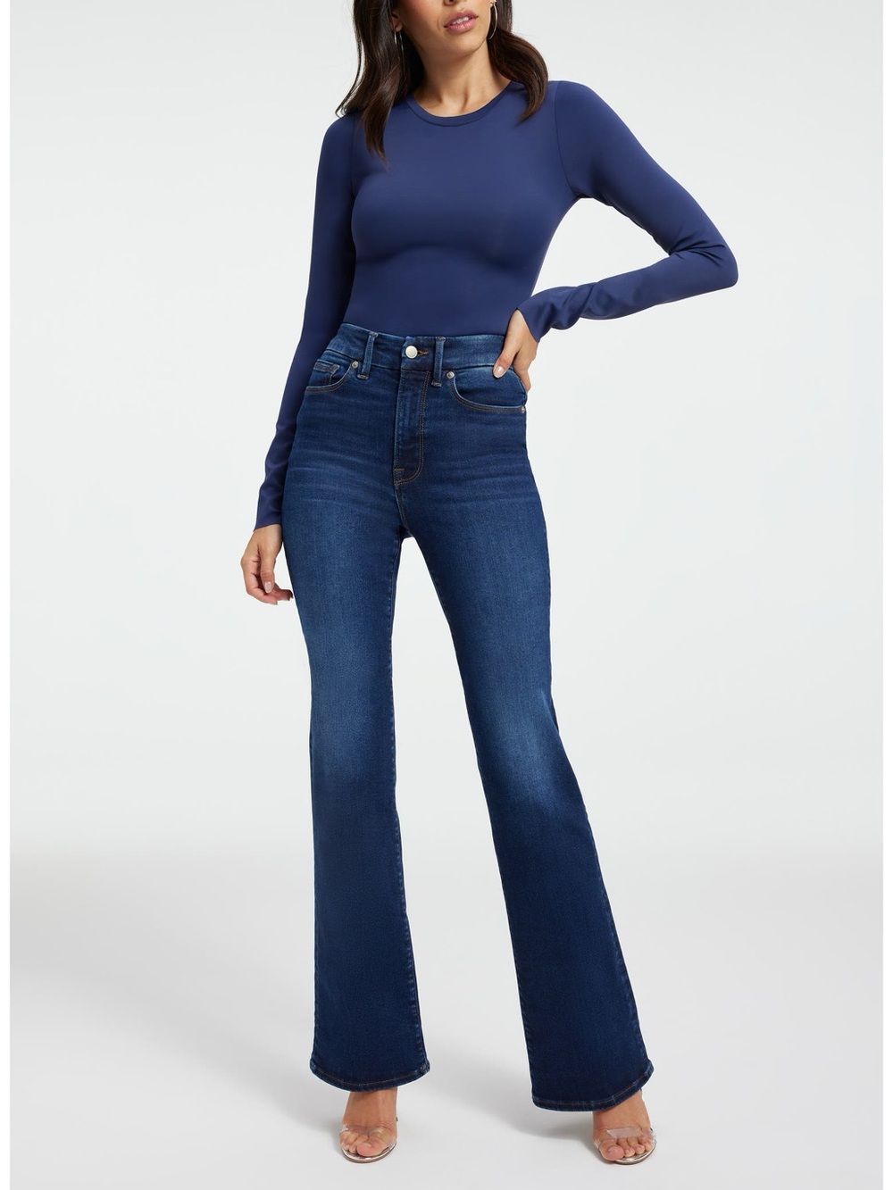 GOOD AMERICAN.  Navy Blue High-Rise Flare Jeans